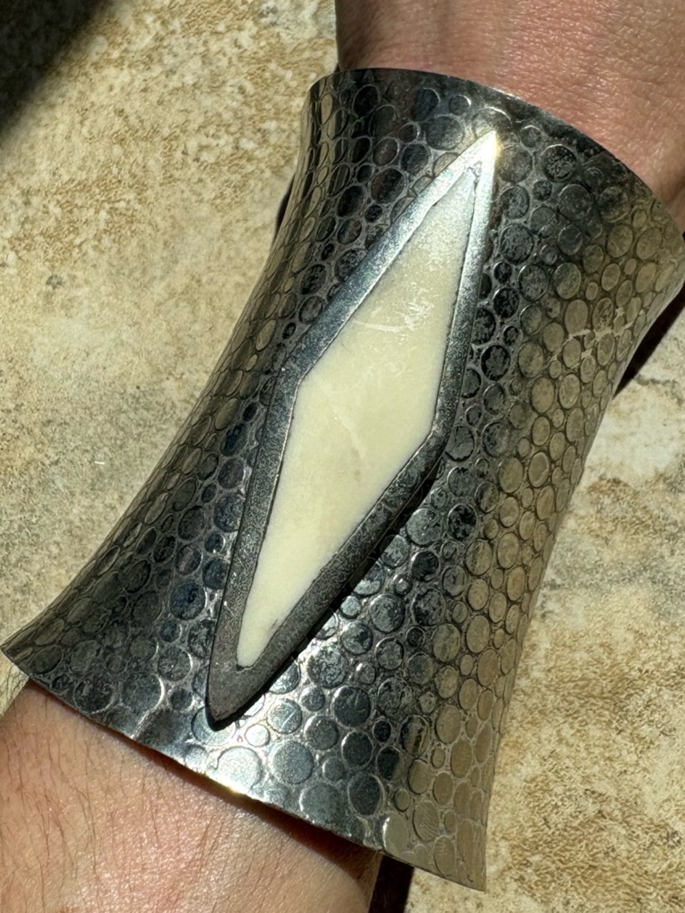 Vintage Silver Tone Cuff bracelet Large Enamel Pebbled Boho Tribal Design power